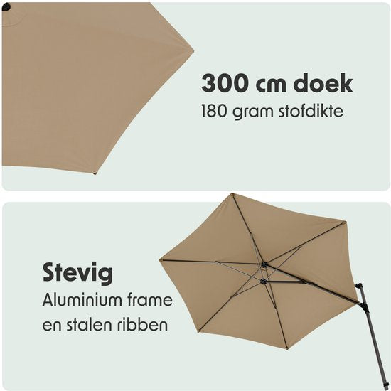 LifeGoods Sonnenschirm - Ø300 cm - 30° neigbar - One-push System - Wasserdicht - mit Bezug - Taupe