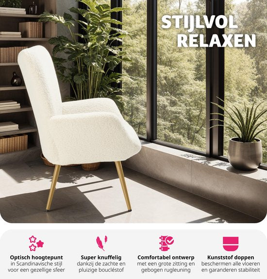 tectake Ohrensessel im skandinavischen Stil - Teddy Chair Hygge - Sessel für Wohnzimmer, Schlafzimmer - Loungesessel - Goldfarbene Metallbeine - Belastbarkeit bis 150 kg - Creme
