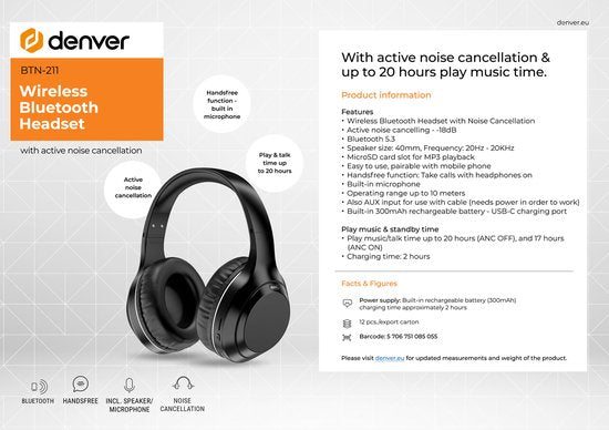 Denver Bluetooth-Kopfhörer - Aktive Geräuschunterdrückung - Drahtlos - Freisprecheinrichtung - BTN211 - Modell 2026