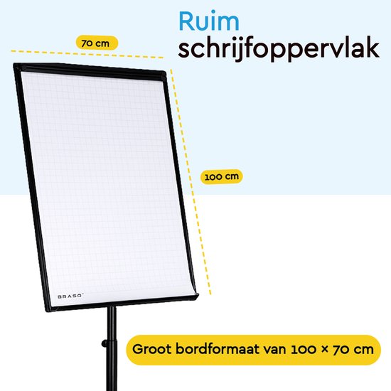BRASQ Flipchart Mobile Deluxe -70x100 cm - Verstellbares Whiteboard - Inklusive 25 Blatt Papier und Zubehör - mit ausziehbaren Armen - Magnettafel mit Haken - Magnettafel - Schwarz