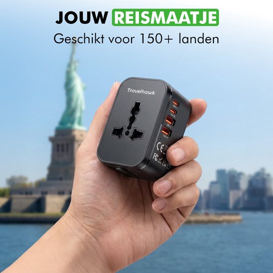 Travelhawk World Plug mit 2x USB-C und 2x USB Port - Reisestecker - USB Stecker - Internationaler Reisestecker für 150+ Länder - Amerika (USA) - England (UK) - Australien - Asien - Südamerika - Afrika - Weltstecker - Schwarz