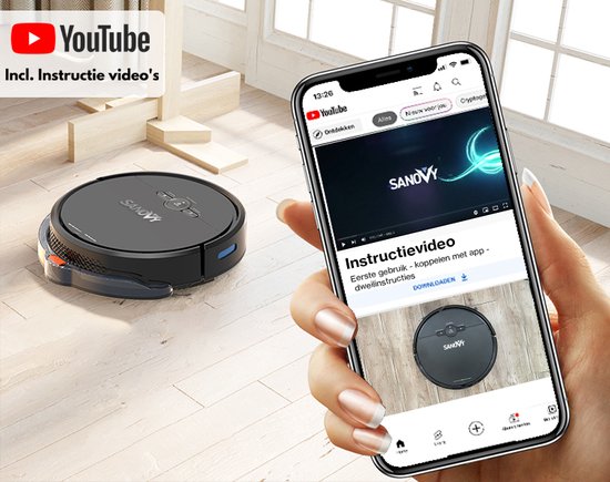 Sanovy 3 in 1 Staubsaugerroboter mit Wischfunktion - 1800 PA- Automatische Ladestation - Wischroboter - App