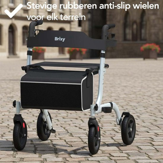 Brixy Rollator - leicht und faltbar - Sitzfunktion - Rückenlehne, Tasche und Gehstockhalterung - Grau