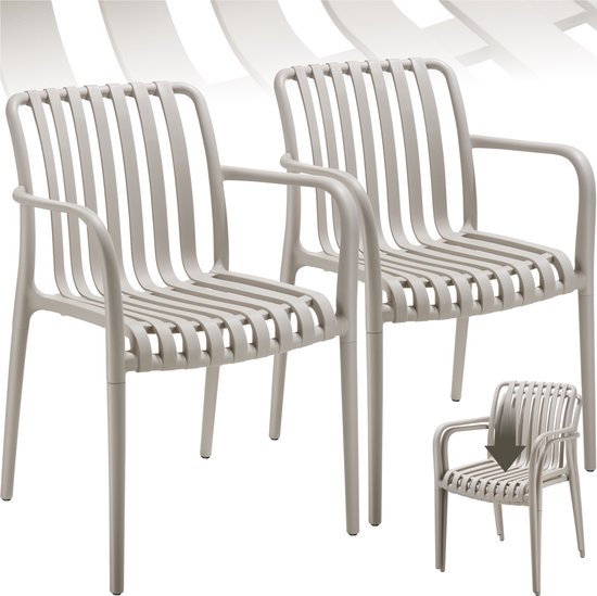 tectake® 2er Set Gartenstühle Alcudia - Taupe - Kunststoffstühle mit Armlehne - Gartenset für rund um den Gartentisch oder beim Camping Stapelbar - Stühle für Garten, Terrasse oder Balkon - Wetterfest und UV-beständig - Belastbarkeit 120kg pro Gartenstuhl