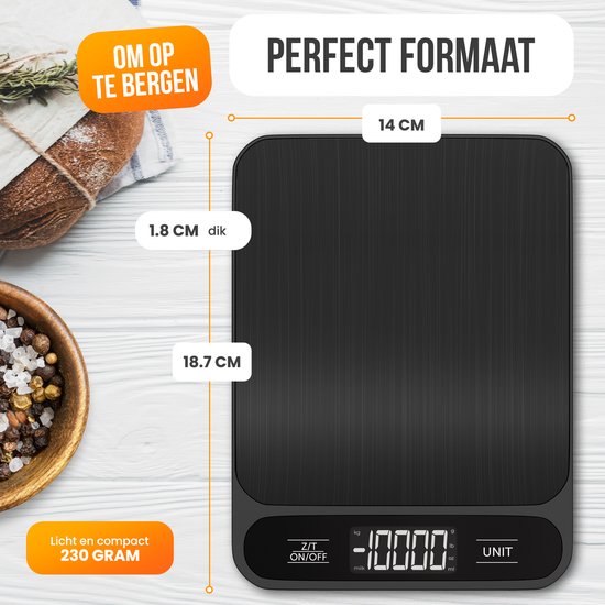 Strex Küchenwaage Digital - Küchenwaage - 1 g bis 10 kg - Tara-Funktion - Batterien enthalten - Schwarz