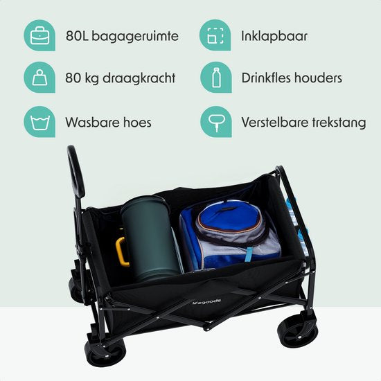 LifeGoods Wagon - Faltbar - 80KG Tragfähigkeit - 80L - Waschbares Polyester - Kompakt - Schwarz