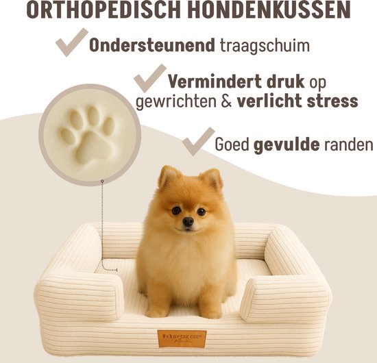 By Cee Cee Orthopädischer Hundekorb - Orthopädisches Hundekissen - Hundebett - Gerippter Stoff - Für kleine Hunde - Beige - 80x55