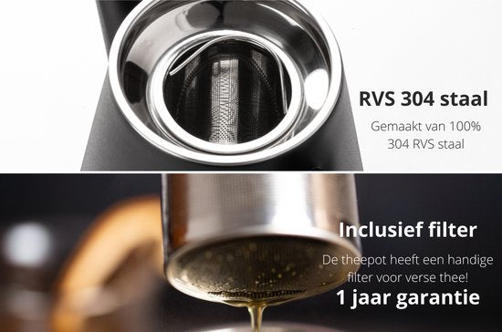 VDN Edelstahl Teekanne Doppelwandig mit Filter - Schwarz Teekanne 1 Liter - 904