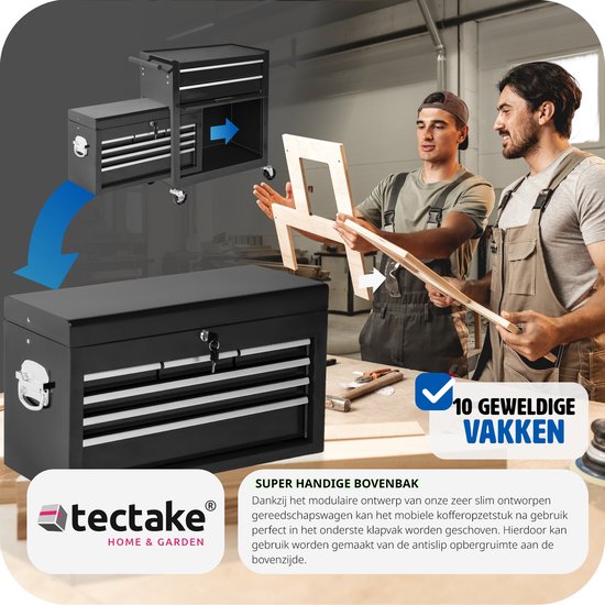 tectake® Werkstattwagen mit Kofferhalterung - Abschließbarer Werkzeugwagen mit 10 Fächern - Mobile Stahlwerkbank - Räder mit Bremse - Leerer Werkzeugwagen, Werkzeugschrank - Schwarz
