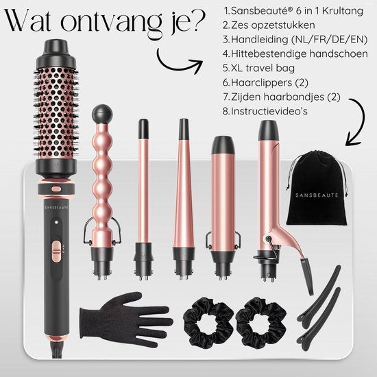 Sansbeauté® 6 in 1 Lockenstab mit Klemme - Keramisch - 13mm bis 38mm - Thermobürste - Lockenbürste - rosa