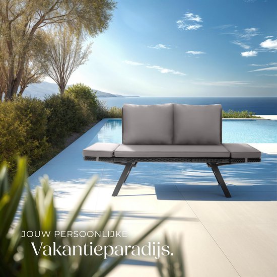 tectake® 2-in-1 Geflecht-Gartenbank Sintra - Verstellbare Handläufe - Gartenset - Liege - Balkon-Lounge-Bank - Inkl. Kissen - Outdoor-Lounge-Sofa - UV- und witterungsbeständige Sonnenliege - Hellgrau/Schwarz