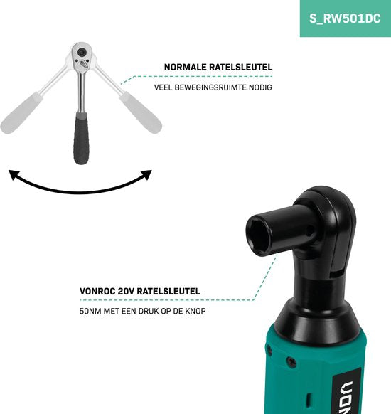 VONROC Accu-Ratschenschlüssel - 20V - 50Nm - 3/8" - inkl. 8-teiligem Steckschlüsselsatz - Inkl. 2.0Ah Akku und Schnellladegerät - auch für den manuellen Einsatz - ideal für schwer zugängliche Schrauben und Muttern.