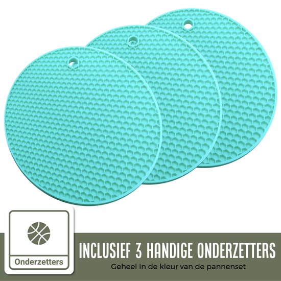COOCK 19-teiliges Induktionskochgeschirr-Set - Spezielle Antihaftbeschichtung - Ergonomische Kaltgriffe - Recyceltes Aluminium - Bratpfannen-Set - Kochtopf-Set - Türkis (Grün) - Inklusive Untersetzer und E-Book