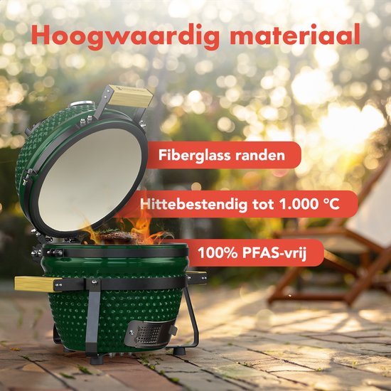 KitchenBrothers Kamado BBQ - 13 Zoll Holzkohlegrill - 27⌀ cm - PFAS-frei - Deluxe Set - Eiergrill mit Zubehör inklusive Abdeckung - Grün