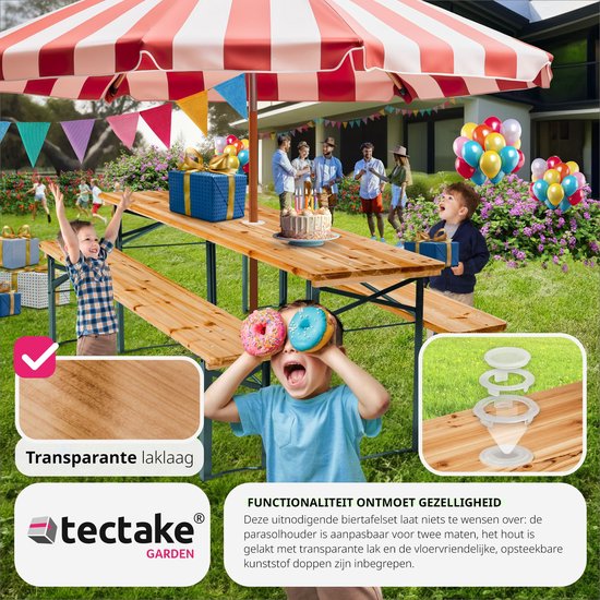 tectake Bierzeltgarnitur mit Tisch und 2x Bierbänken, mit Sonnenschirmhalter - Bierzeltgarnitur, Balkonmöbel mit 1x Klapptisch und 2x Bierbänken, klappbar, 170 x 46 x 78 cm, lackiert