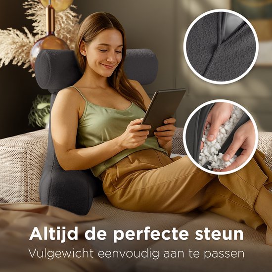 Cozysense® - Lesekissen - Bett-Lesekissen - Buchsitz - Ergonomisches Sitzkissen mit Bouclé-Stoff - Buchkissen - Lesekissen - Großformatige Stütze für Rücken, Nacken und Arme - Relax-Kissen - Verstellbare Polsterung - CertiPUR® - Abnehmbarer Bezug - Grau