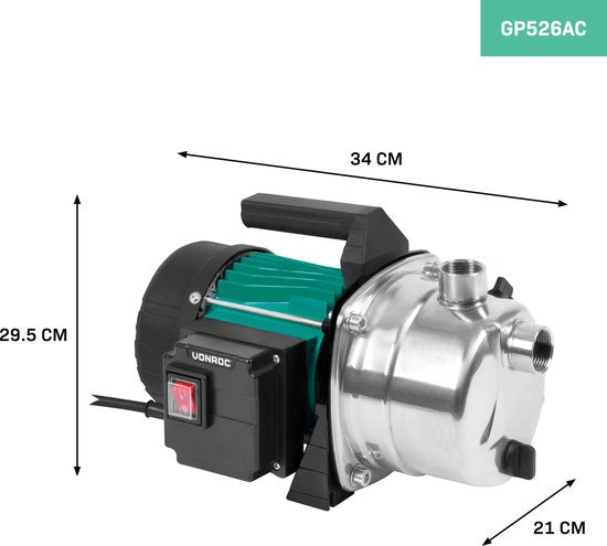 VONROC Bewässerungspumpe / Wasserpumpe 1000W - 3500l/h - Edelstahl-Pumpengehäuse - Für die Bewässerung von Garten/ Rasen