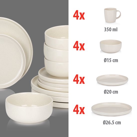 alpina Geschirrset 16-teilig - Tellerset 4 Personen - Steingutgeschirr - Frühstücksteller, Essteller, Schüsseln und Becher - Mikrowellen- und spülmaschinenfest - Creme