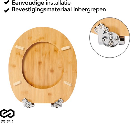 Infinity Goods Bambus Toilettensitz Terry - Toilettensitz mit Deckel - Soft Close - Edelstahlscharniere - Inklusive Befestigungsmaterial
