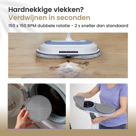 Vapore Electric Mop Cordless - 150×150 RPM Dual Rotation - 40 min Batterie - LED-Beleuchtung - Bodenreiniger - Alle harten Böden - Leise 77,5 dB - Wischsystem mit Spray