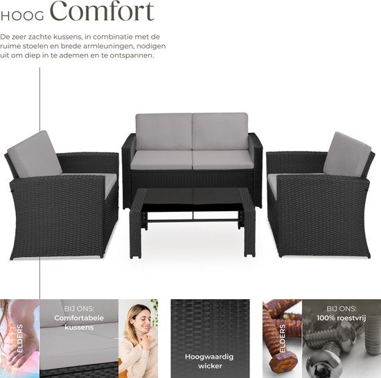tectake Geflecht-Gartenset für 4 Personen - 2-sitzige Gartenbank und 2 Gartenstühle - Tisch mit abnehmbarer Glasplatte - Bequeme Sitz- und Rückenkissen - Lounge-Set für Garten, Terrasse, Balkon - Schwarz