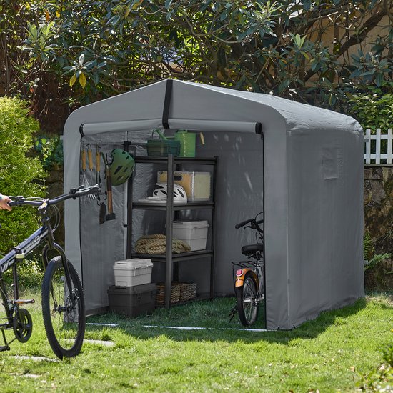 SoBuy KLS11-L-DG Gartenhaus, wasserdichte Aufbewahrung im Freien, Motorradunterstand mit Haken, Fahrrad- und Werkzeuggarage, Fahrradaufbewahrung, Stauraum, Grau, 159x219x165 cm
