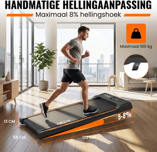 Fitby Laufband - Laufband mit Steigung 5% - 8% - Laufband 1-8 km/h - Laufband - Walking Treadmill - Schwarz Orange