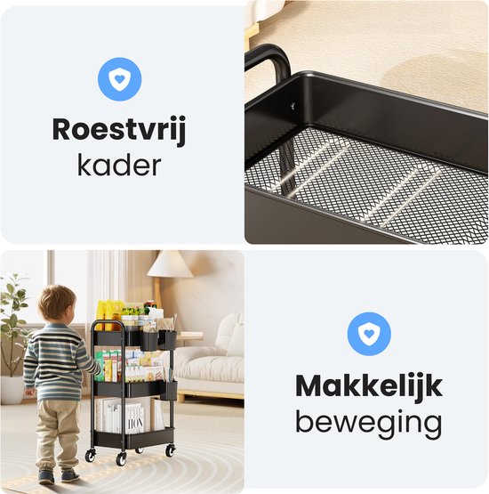 Küchenwagen auf Rädern - 3 Schichten - Regal - Servieren - Wagen - Schrank - Lagerung - Duschkabinen stehend - Regal - Schwarz - Luft