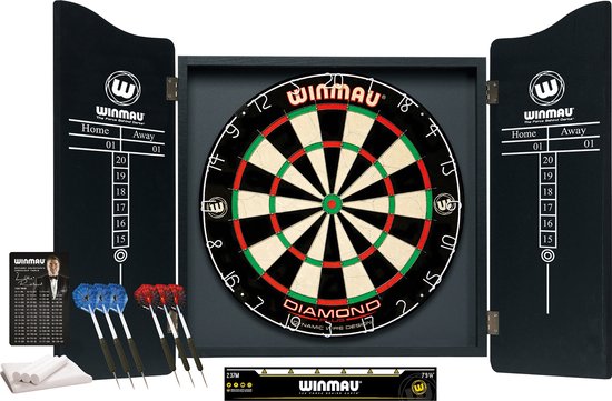 WINMAU - Professionelles Dart-Set mit Diamond Plus Bristle Dartscheibe, schwarzes Gehäuse, mit 2 Dart-Sets und offizieller Oche-Linie
