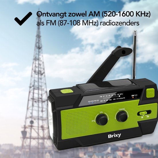 Brixy Emergency Radio - Radio mit Batterie für Notfälle - 4000 MAH - aufwickelbar - Solar - Taschenlampe - Powerbank - Grün