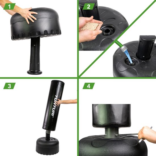 Tunturi Standing Boxing Bag - Freistehende Boxstange - Leicht beweglich - 180 cm hoch - Mit Sand, Kies oder Wasser befüllbarer Boden - Inkl. Fitness-App - Schwarz