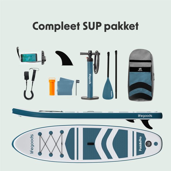 LifeGoods PaddlePro SUP Board - Aufblasbares Paddle Board - Komplettset - Max. 135KG - 320x81cm - Weiß/Tief Aqua