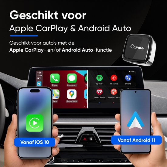 CarMe Ultra Mini 2-in-1 CarPlay Dongle - Drahtloses CarPlay & Android Auto - USB-A & USB-C - Android Auto Dongle - Silber