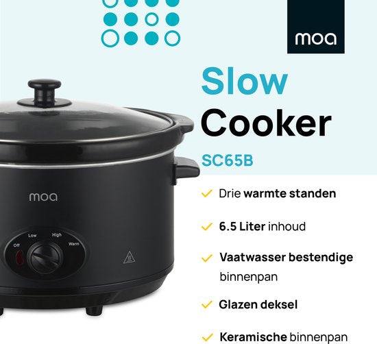 MOA Slowcooker 6,5L - Ø 24,5cm - Keramische Innenpfanne - Transparenter Deckel - 3 Heizstufen - Spülmaschinenfest - BPA-frei - Schwarz