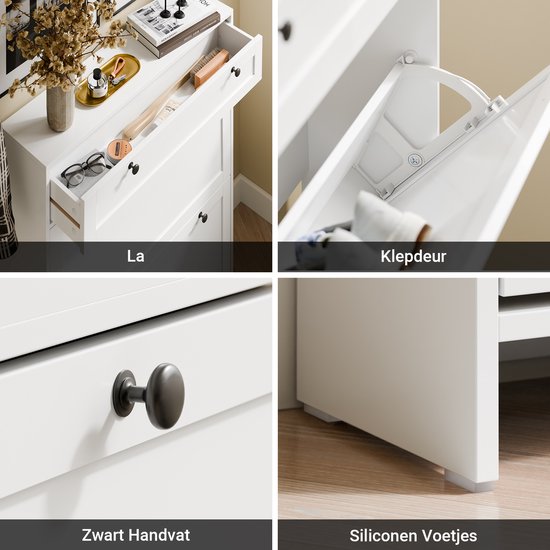 SoBuy - Schuhschrank mit 1 Schublade - 80 x 19 x 107 cm & mit 2 Kipptüren - ausgestattet mit Anti-Kipp-System und Silikonfüßen - für schmale Flure und Eingänge - weißes Mdf
