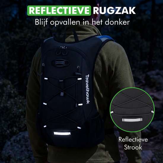 Travelhawk Trinkrucksack - Laufrucksack - Geeignet für 2L Wassersack - Wasserabweisend, leicht, reflektierend - 12L - Schwarz