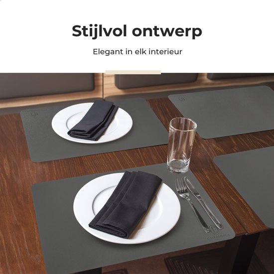 Castagnola Tischsets in Lederoptik - Rutschfeste Tischsets aus Kunstleder - Wasserabweisende Untersetzer - Untersetzer - 6 Stück - 45 x 30 cm - Grau