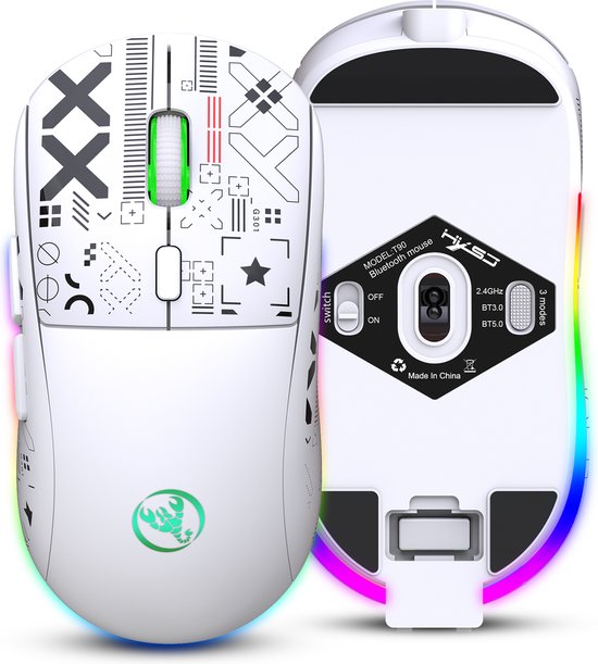 HXSJ T90 2.4G Silent Wireless Gaming Mouse - Bluetooth - Computermäuse - Ultraleicht - RGB-Beleuchtung - Weiß