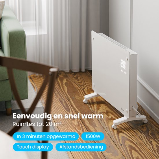 Auronic Elektroheizung - Konvektorheizung mit Thermostat und Fernbedienung - Glasheizkörper - 1500W Heizleistung - Weiß