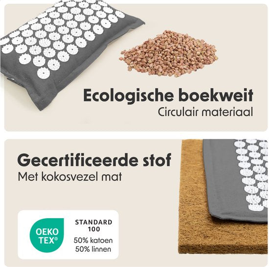 LifeGoods Akupressurmatte Eco - Komplettset - Kissen / Tragetasche / 2x Triggerpunktball - Shakti-Matte - Nagelmatte - 72x43x2cm - Grau/Weiß
