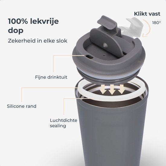 Castagnola Thermos Cup - Kaffeebecher To Go - Reisebecher für Kaffee und Tee - Teebecher - 380 ML - Edelstahl - Grau