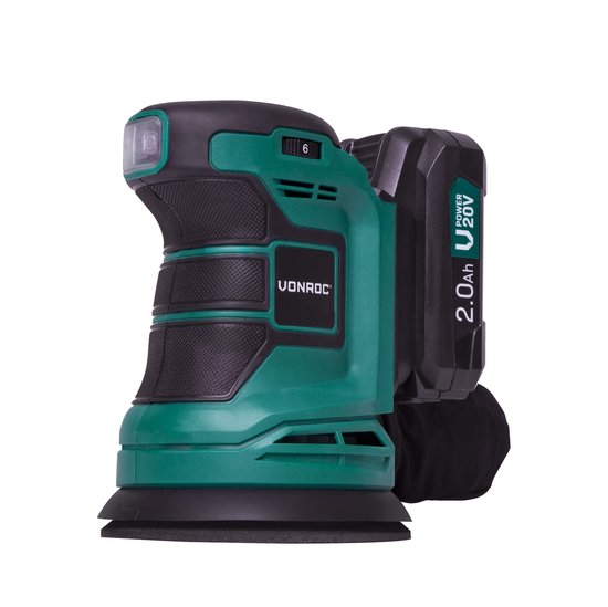 VONROC Exzenterschleifer - VPower 20V - Inkl. 2.0Ah Akku & Ladegerät - Ø125mm - Mit Staubbeutel & 12 Stück Schleifpapier