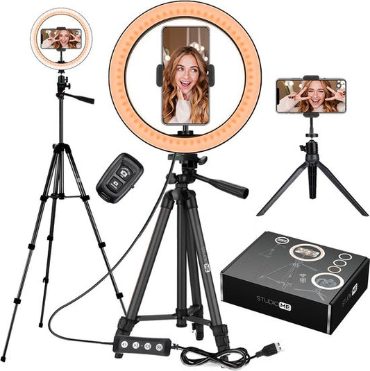 Studio ME Ringlicht mit Stativ 10 Zoll - Schwarz - Ringlicht - 30 Lichtmodi - Inkl. Fernbedienung & Mini-Stativ - Ringlicht - Ringlampen