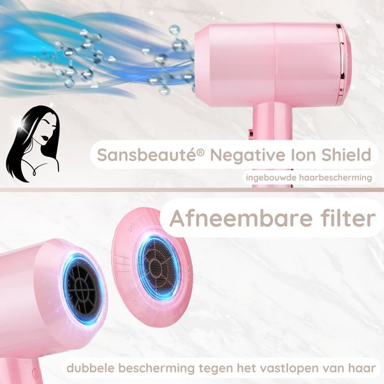 Sansbeauté® Haartrockner mit Diffusor - Ionen-Haartrockner - Bürste - Reise-Haartrockner - 3 Aufsätze - Locken - Coolshot - 3 Stufen - Haartrockner mit Diffusor - Haartrockner - 2000W - Pink