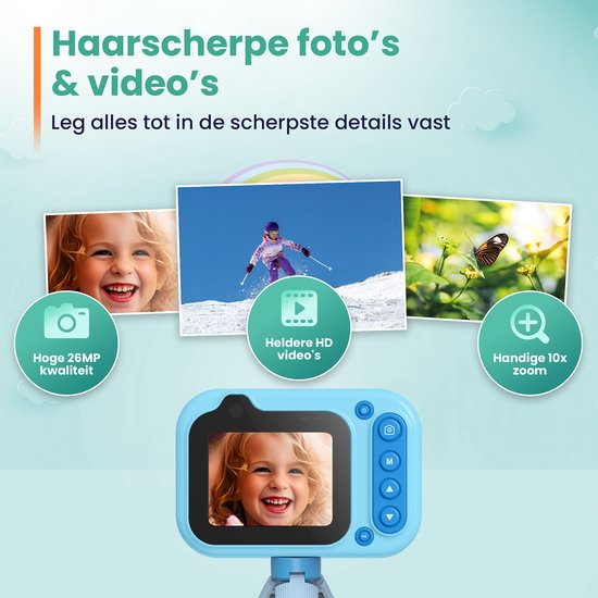 ODESSEY Wasserdichte Kinderkamera - mit Stativ - Full HD - Selfie Kamera - 32GB SD Karte - Foto - Video - Spiele - Digitalkamera Kinder - Fotokamera für Kinder - Blau