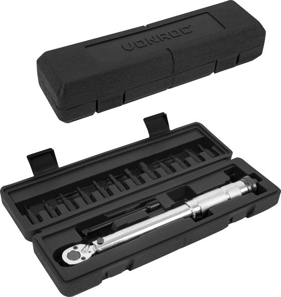 VONROC Drehmomentschlüssel ¼" - 265mm - 5-25Nm - Inkl. 12-teiligem Bitsatz (8 x Inbus, 4 x Torx) und 100mm Verlängerung - im stabilen Aufbewahrungskoffer