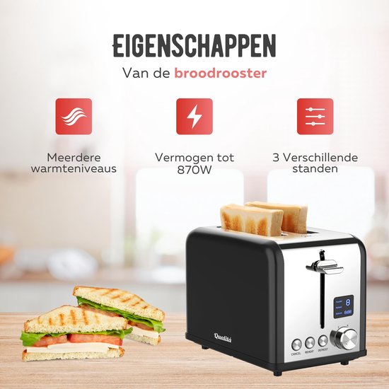 Qualitá® Toaster mit Clips für getoastete Sandwiches - Retro-Toaster - Sandwichhalter - Croque Monsieur Gerät - Edelstahl/Schwarz