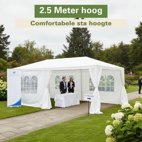 Kinzo Partyzelt 3 x 6 m – Zeltpavillon für 70 Personen – Gartenpavillon mit 6 Seitenwänden – Gartenzelt mit einer Firsthöhe von 2,5 m – Partyzelt, wasserdicht und UV-beständig – Weiß