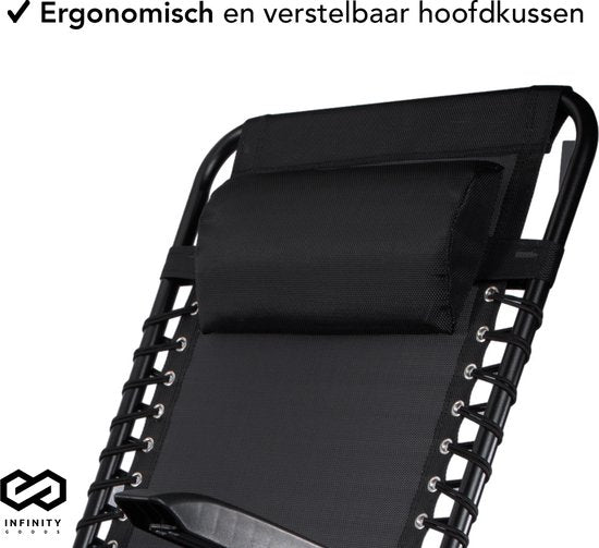 Infinity Goods Opvouwbare Tuinstoelen set van 2- Ligstoelen - Opvouwbaar - Verstelbaar - Ergonomisch Hoofdkussen - Metaal - Textileen - Zwart