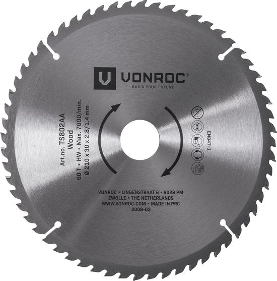 VONROC Sägeblatt - 210mm - 60 Zähne - für Holz - geeignet für Tischsägen und Kappsägen
